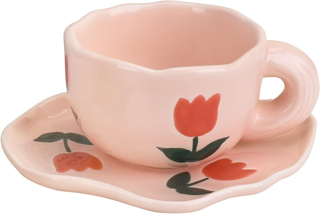 Mugology Pink Tulips Ceramic Coffee Cup & Saucer – 6oz