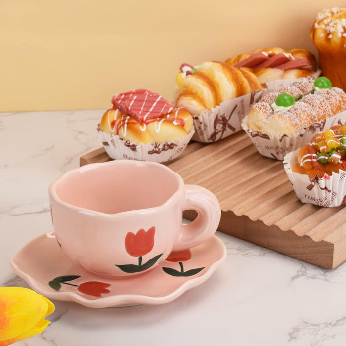 Mugology Pink Tulips Ceramic Coffee Cup & Saucer – 6oz