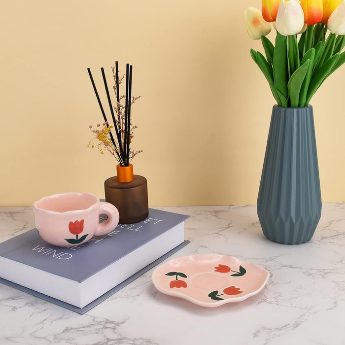 Mugology Pink Tulips Ceramic Coffee Cup & Saucer – 6oz