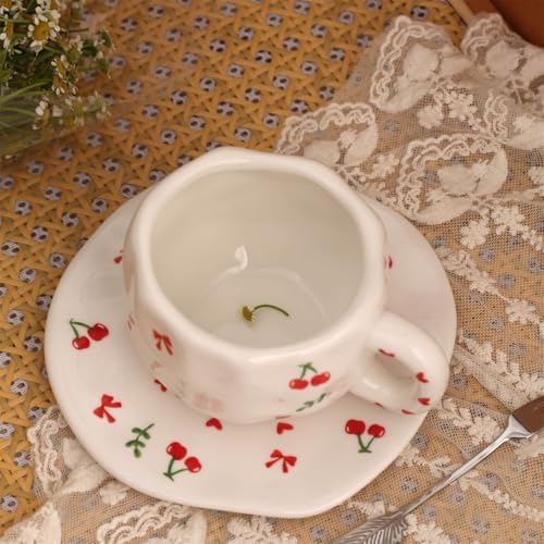 Mugology Cherry Ceramic Coffee Cup & Saucer – 300ml