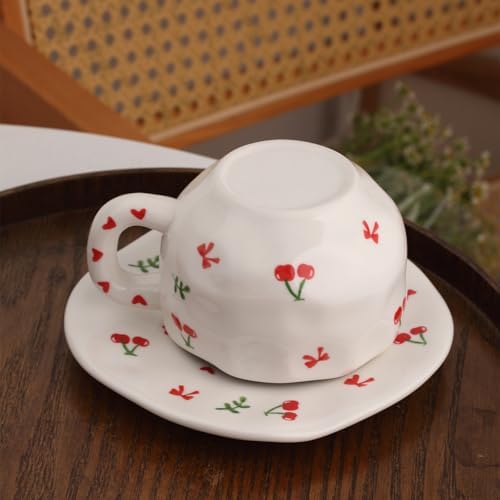 Mugology Cherry Ceramic Coffee Cup & Saucer – 300ml