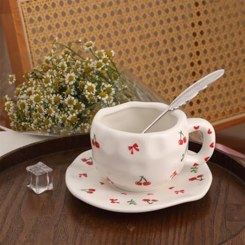 Mugology Cherry Ceramic Coffee Cup & Saucer – 300ml