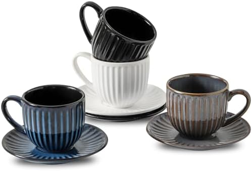 Mugology Ribbed Ceramic Cappuccino Cups & Saucers – 6oz Set of 4