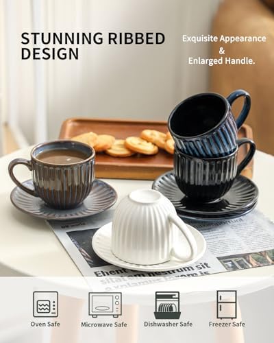 Mugology Ribbed Ceramic Cappuccino Cups & Saucers – 6oz Set of 4