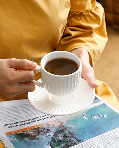 Mugology Ribbed Ceramic Cappuccino Cups & Saucers – 6oz Set of 4
