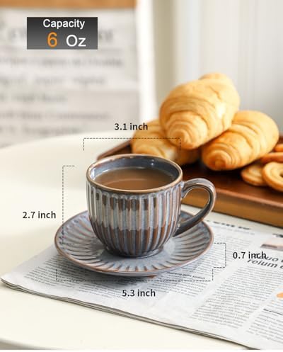 Mugology Ribbed Ceramic Cappuccino Cups & Saucers – 6oz Set of 4