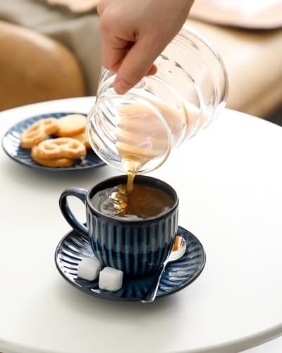 Mugology Ribbed Ceramic Cappuccino Cups & Saucers – 6oz Set of 4