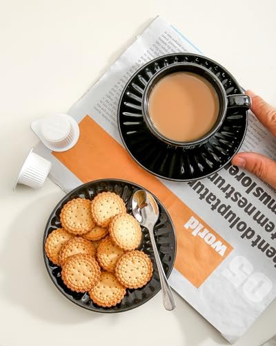 Mugology Ribbed Ceramic Cappuccino Cups & Saucers – 6oz Set of 4